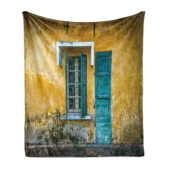 Abandoned Soft Flannel Fleece Blanket, Outside View of Deserted House with Details in Vietnam Grungy Yellow Wall, Cozy Plush for Indoor and Outdoor Use, 70" x 90", Yellow Teal Green, by Ambesonne