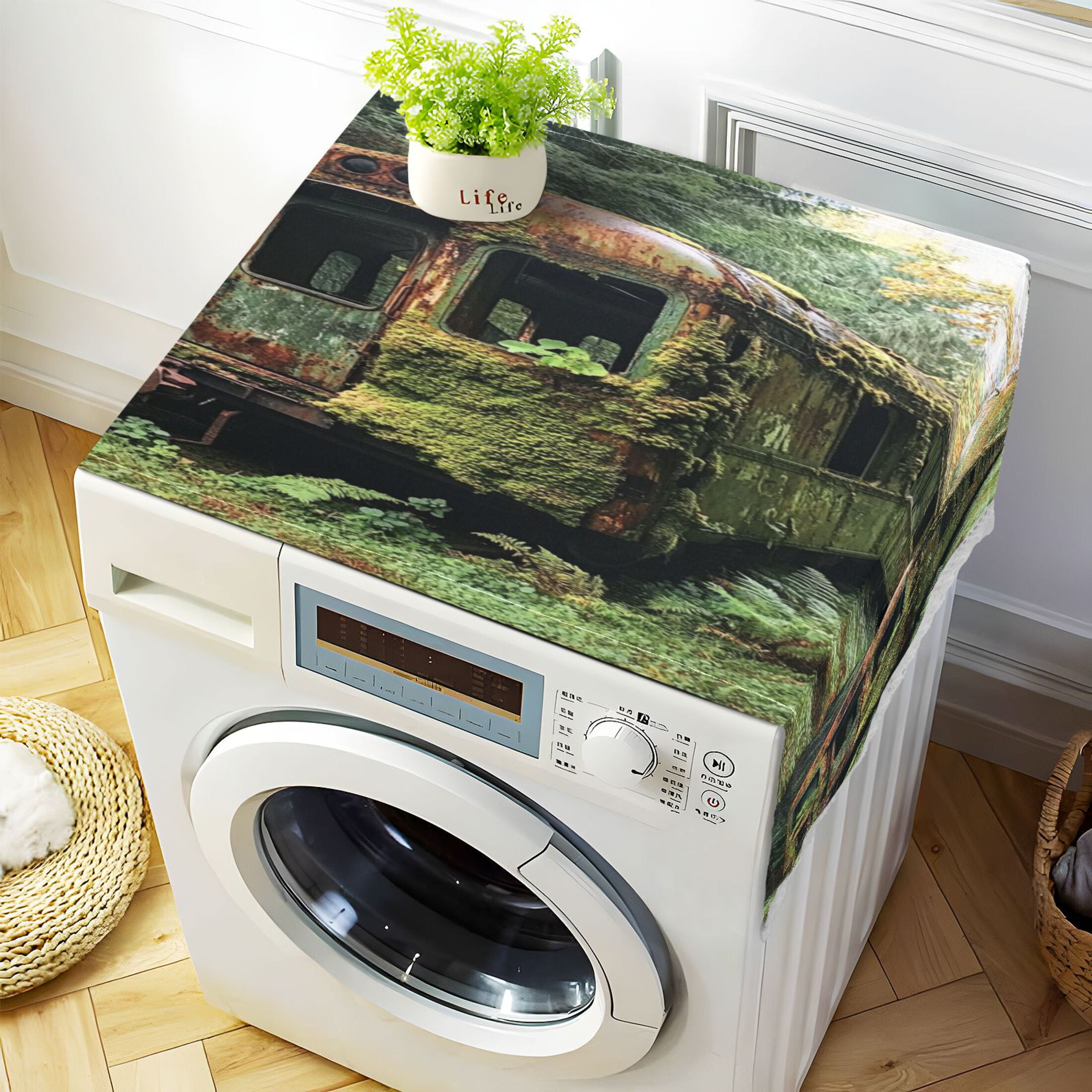 Abandoned Train CarWasher and Dryer Covers Dust-Proof and Oil Resistant Fridge Cover with 4 Storage Pockets Washing Machine Top Cover for Laundry Kitchen Home 51.2 x 22 In