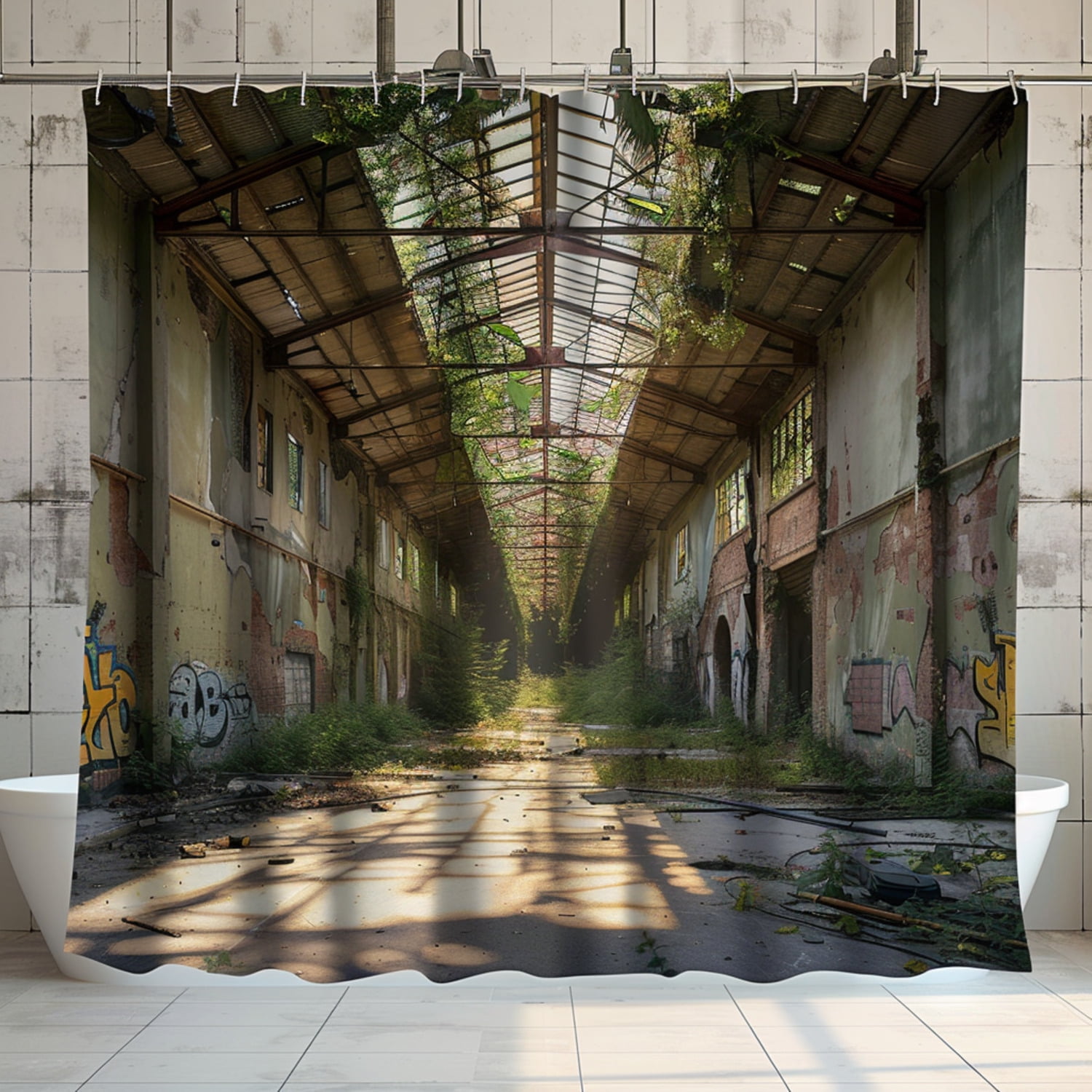 Abandoned Warehouse Interior Shower Curtain with Plants Unique Urban