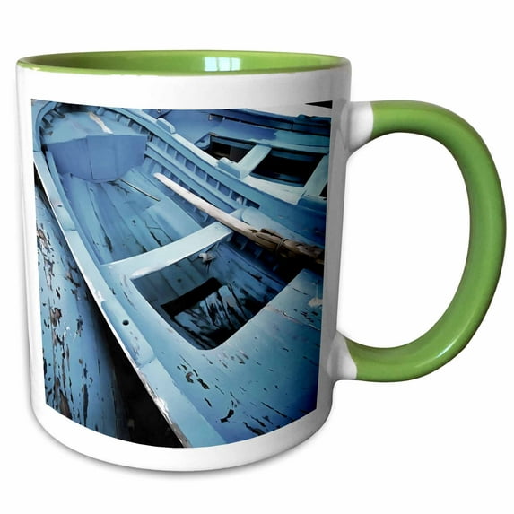 Abandoned and old blue painted rustic wooden fishing boats 11oz Two-Tone Green Mug mug-333976-7
