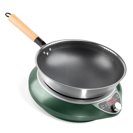 Abangdun 1700W 85V~120V Induction Cooktop with 13' Stainless Steel Wok Pan Electric Burner 1.06? Curved Surface Concave 18h Timer Real Precise Power/Temp Ctrl 16 Watts 200~1700 No Pulsing on/off when