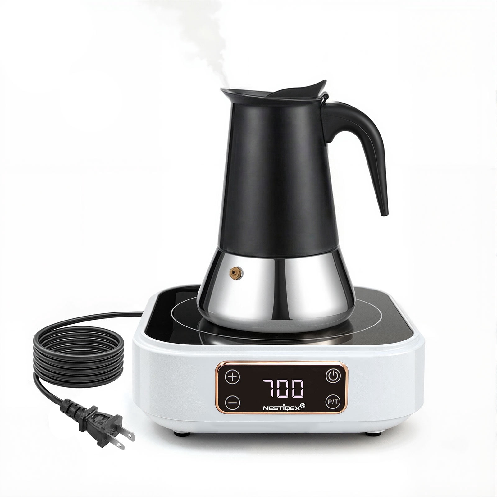 Abangdun 700W 120V Mini Induction Cooktop with Stainless Steel Moka Pot 4 Cup (5.7 Oz)– Stovetop Espresso Maker Set, Espresso Stove Top Coffee Maker for RV, Travel, Small Kitchen Electric Stove