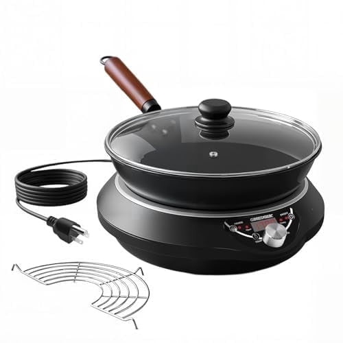 Abangdun Induction Wok Cooktop Set, 2026 New & Improved Electric Skillet Induction Burner w/Carbon Steel Wok, Glass Vented Lid, Rack, 176°F to 464°F, 18 Hrs Timer, Auto-off (Black 110V~120V)