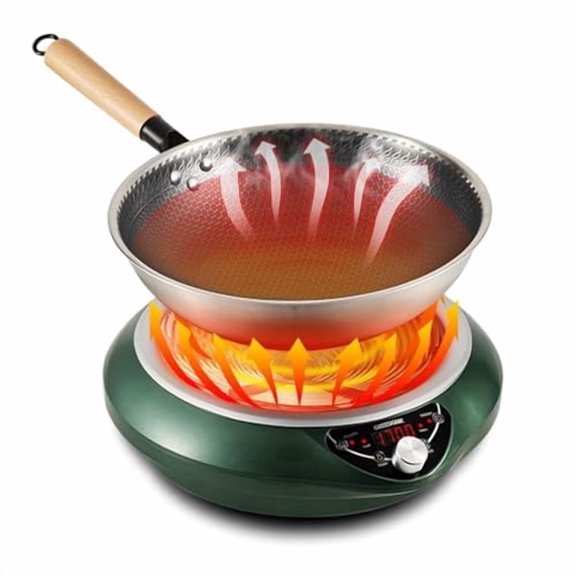Abangdun Induction Wok Pan Cooktop 1700W (85V~175V) 16 Levels Temperature & Power Control Induction Wok Burner with 18 Hours Timer, Auto-off, Fast & Even Heating Concave Electric Stove (Green)