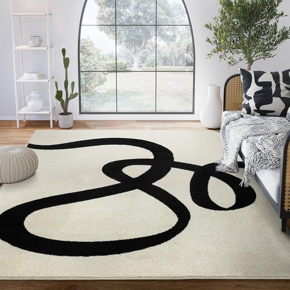Abani Abstract Beige/Black Area Rug - 4'x6' - Modern Curved Line Design - Deco Collection - Easy to Clean - Durable for High Traffic Areas - Bedroom, Office & Kitchen - Medium Pile