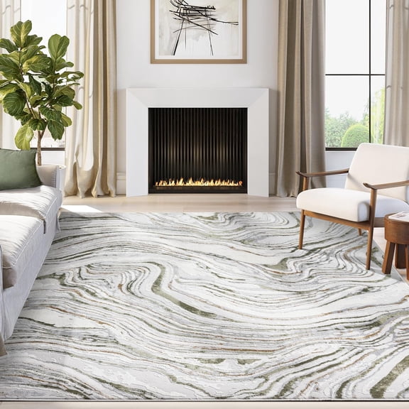 Abani Abstract Grey Green Washable Swirl Area Rug – 8' x 10' – Modern Artistic Design – Ivy Collection – Non-Shedding, Easy to Clean – Durable for High Traffic Areas – Living Room & Bedroom