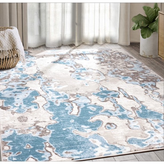 Abani Arto Collection Teal Cream 5' x 8' Abstract Modern Area Rug