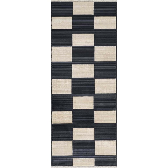 Abani Austin Blue Checkered Geometric Runner Rug 3x6