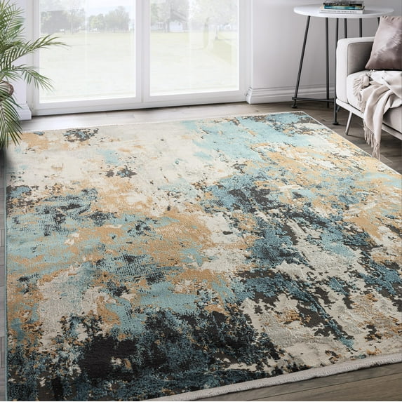 Abani Azure Collection Area Rug Mid Century Modern Bedroom Living Room Decor Floor Rug 6 x 9 Grey Blue