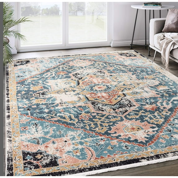 Abani Azure Collection Teal Black 6' x 9' Hexagon Medallion Vintage Rug