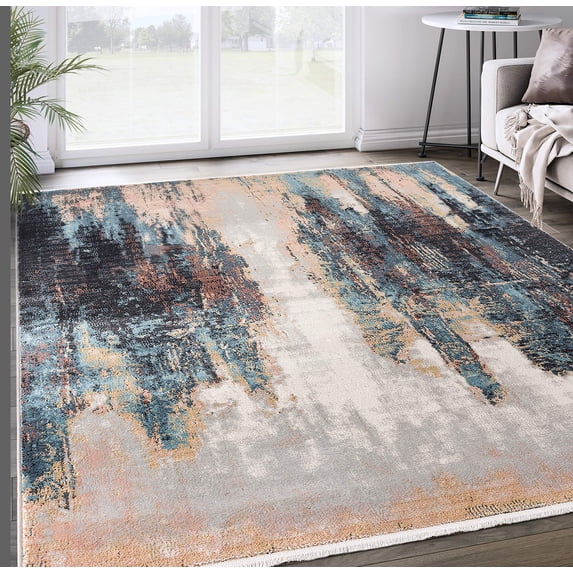 Abani Azure Collection Teal Black 8' x 10' Abstract Painting Vintage Rug