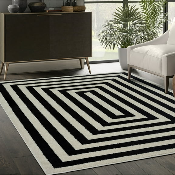 Abani Casa Contemporary Ivory Rectangular Area Rug Black 5'3" x 7'6" 0.76 - 1 inch 4' x 6'
