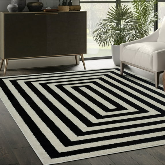 Abani Casa Contemporary Ivory Rectangular Area Rug Black 5'3" x 7'6" 0.76 - 1 inch 4' x 6'