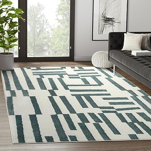 Abani Deco Collection Area Rug -cream Green Modern Lines Design -5'3