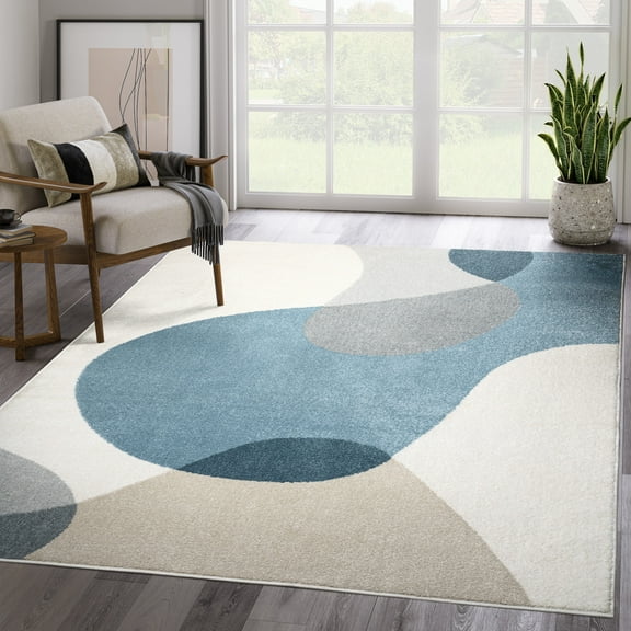 Abani Deco Collection Area Rug Mid Century Modern Bedroom Living Room Decor Floor Rug 6 x 9 Cream Blue