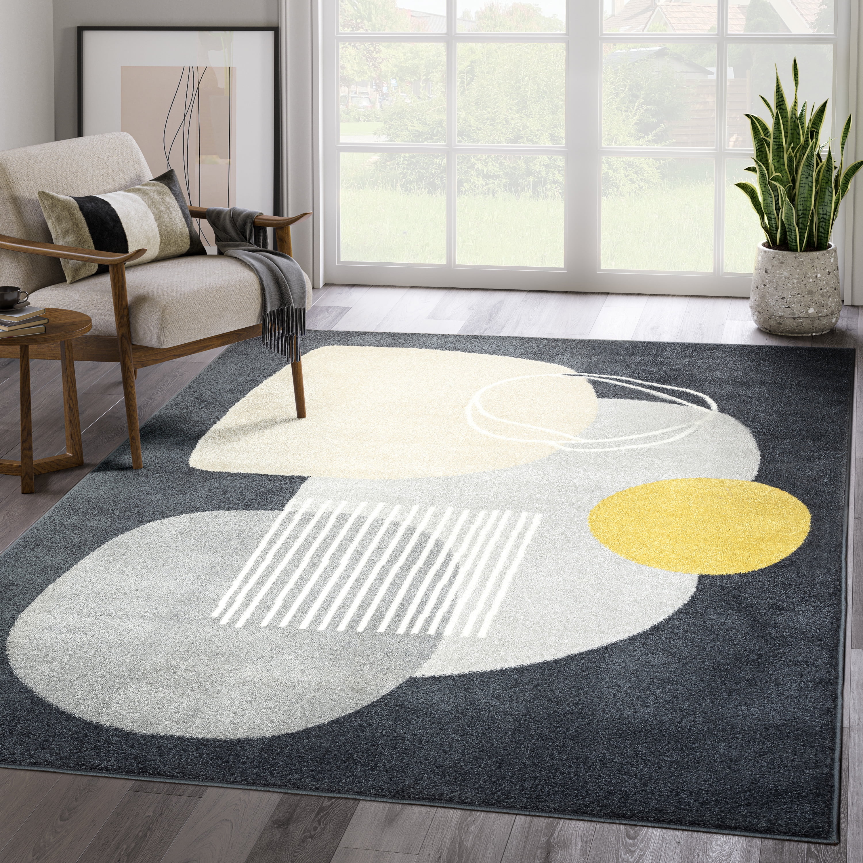 Abani Deco Collection Area Rug Mid Century Modern Bedroom Living Room Decor Floor Rug 6 x 9 Cream Dark Grey