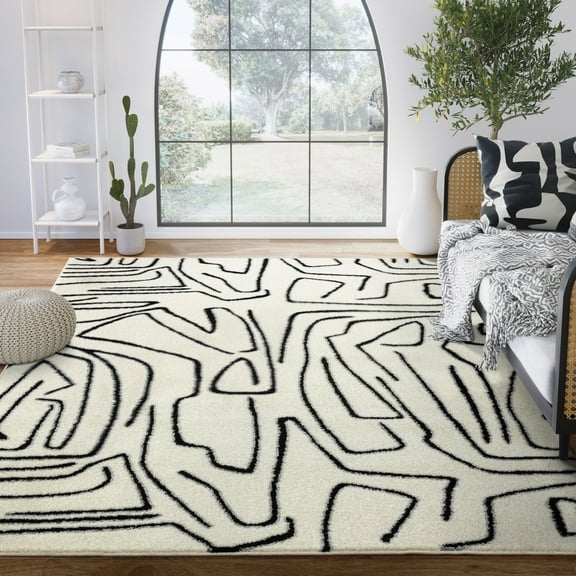 Abani Deco Collection Black 4' x 6' Abstract Lines Modern Area Rug