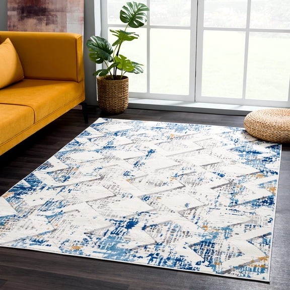 Abani Dunes Collection Grey Blue 5' x 8' Distressed Geometric Area Rug