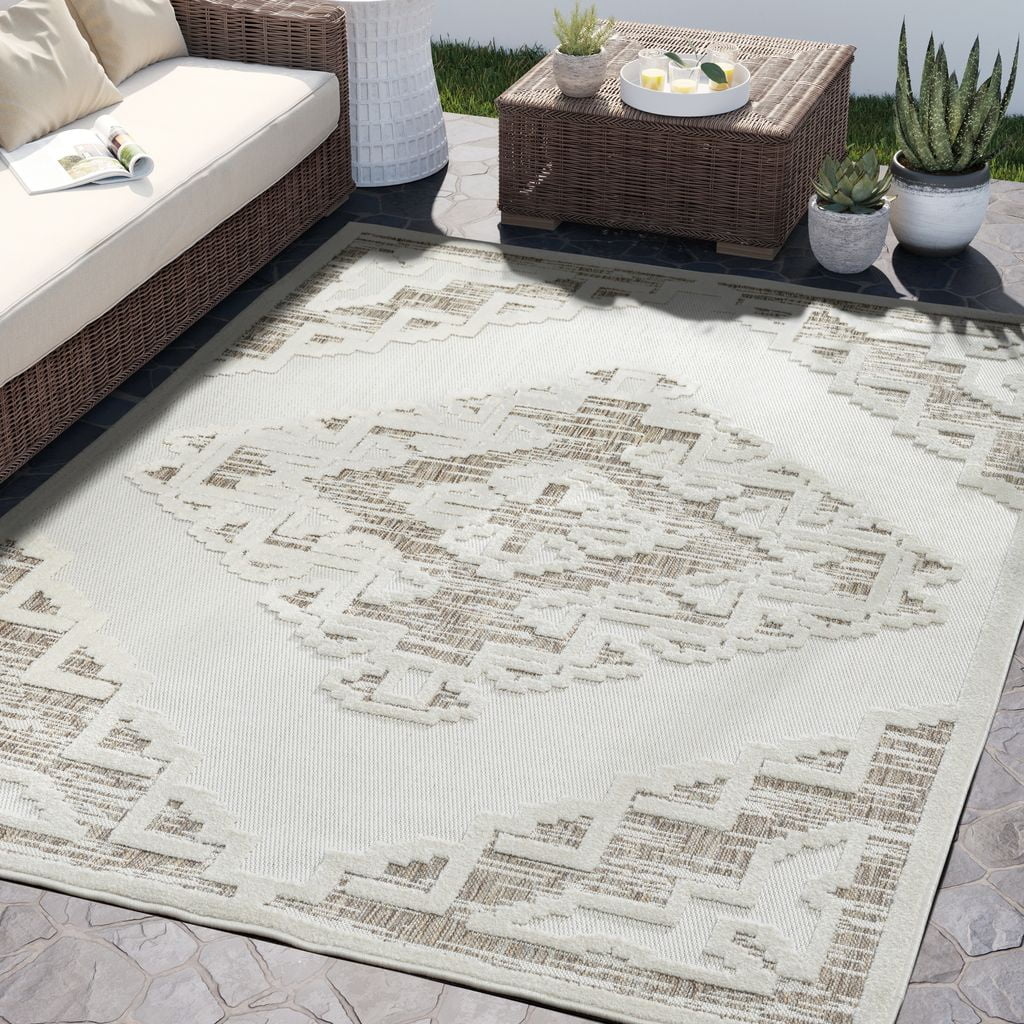 Abani Dusk Collection Beige Brown 6' x 9' Medallion Indoor/Outdoor Rug ...