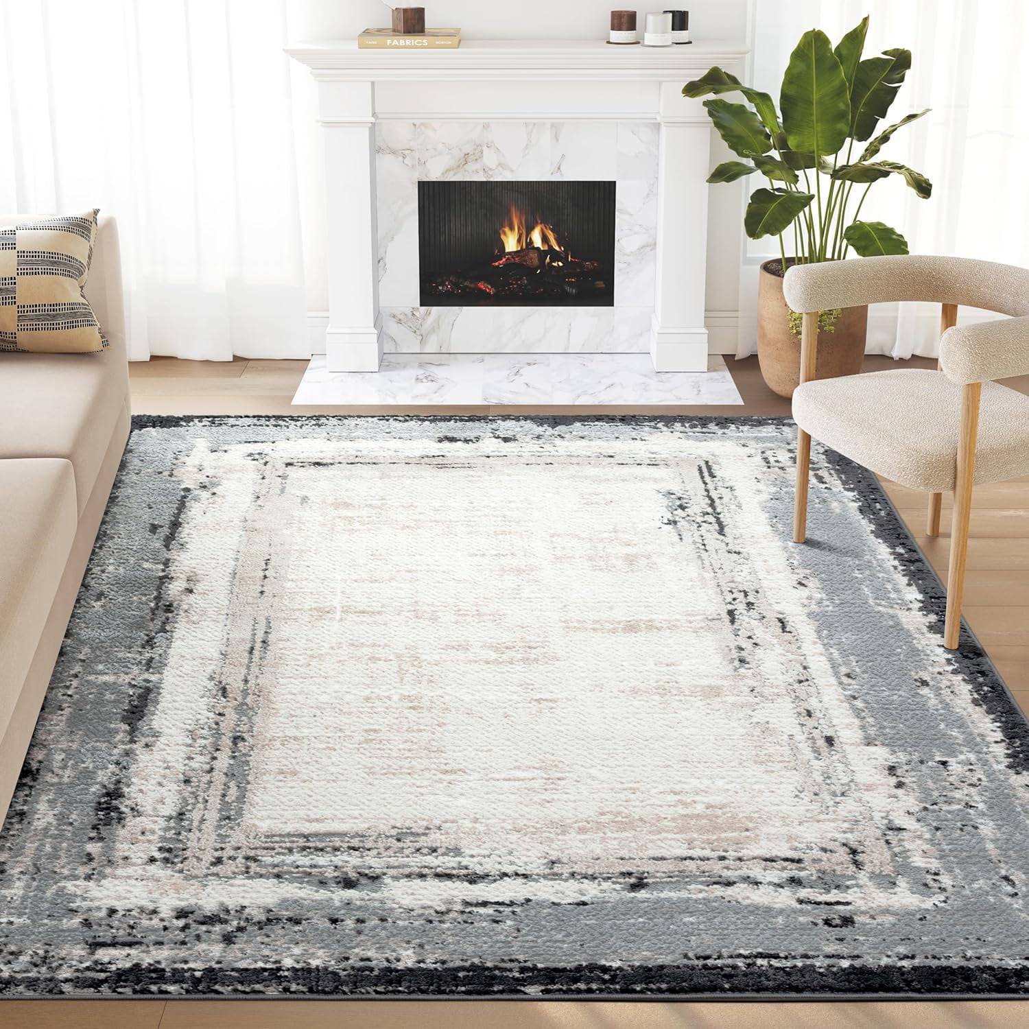 Abani Ivory Abstract Area Rug - 4' X 6' Modern Rug For Living Room, Bedroom, Easy Clean & Pet-Friendly
