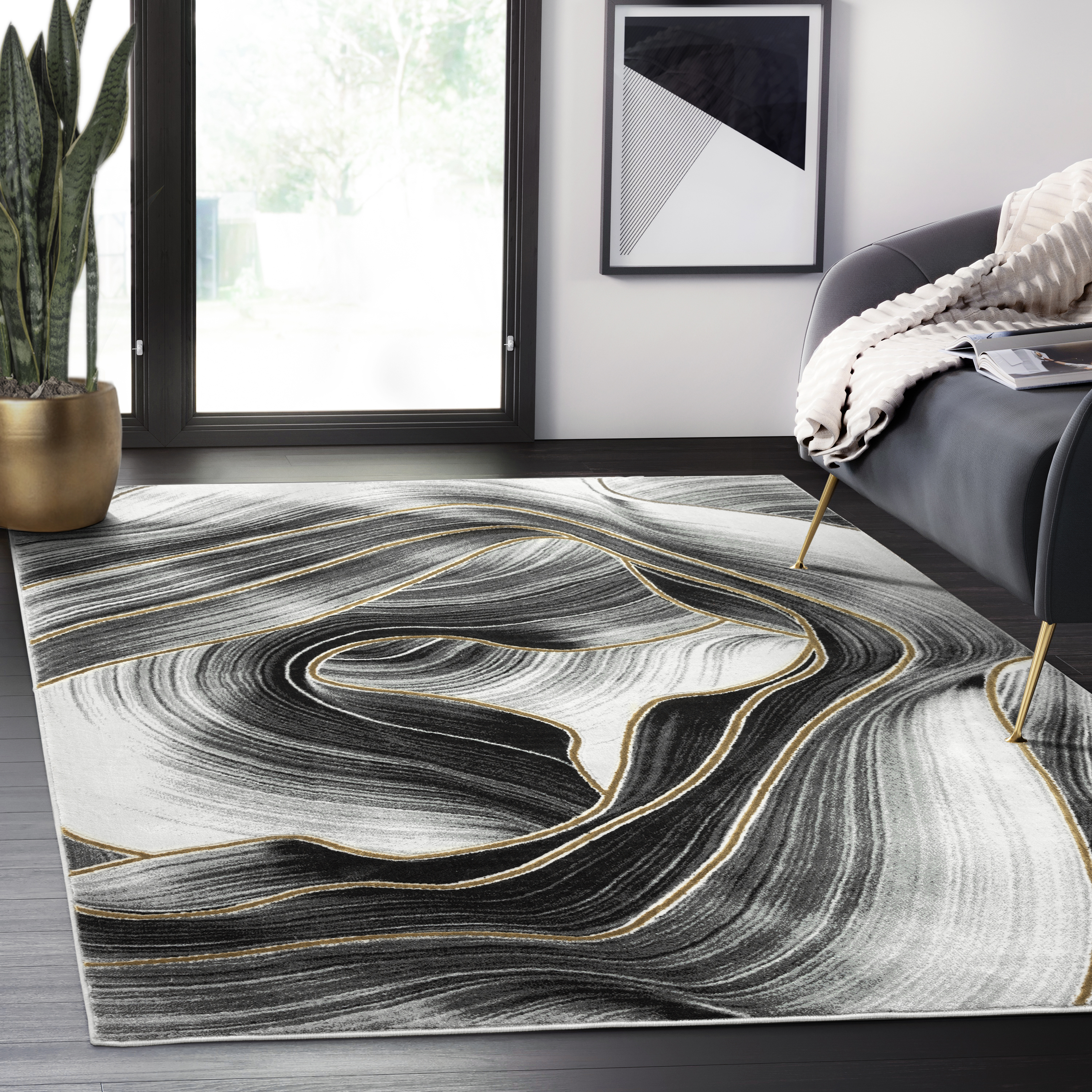 Abani Deco Area Rug - 6'x9', Cream & Blue Mid-Century Design, Medium Pile, Pet-Friendly & Non-Shedding