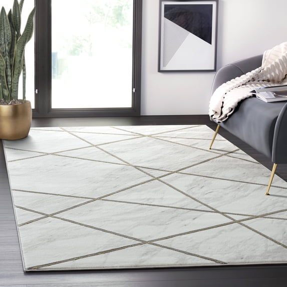 Abani Luna Collection Area Rug Mid Century Modern Bedroom Living Room Decor Floor Rug 4 x 6 White Gold