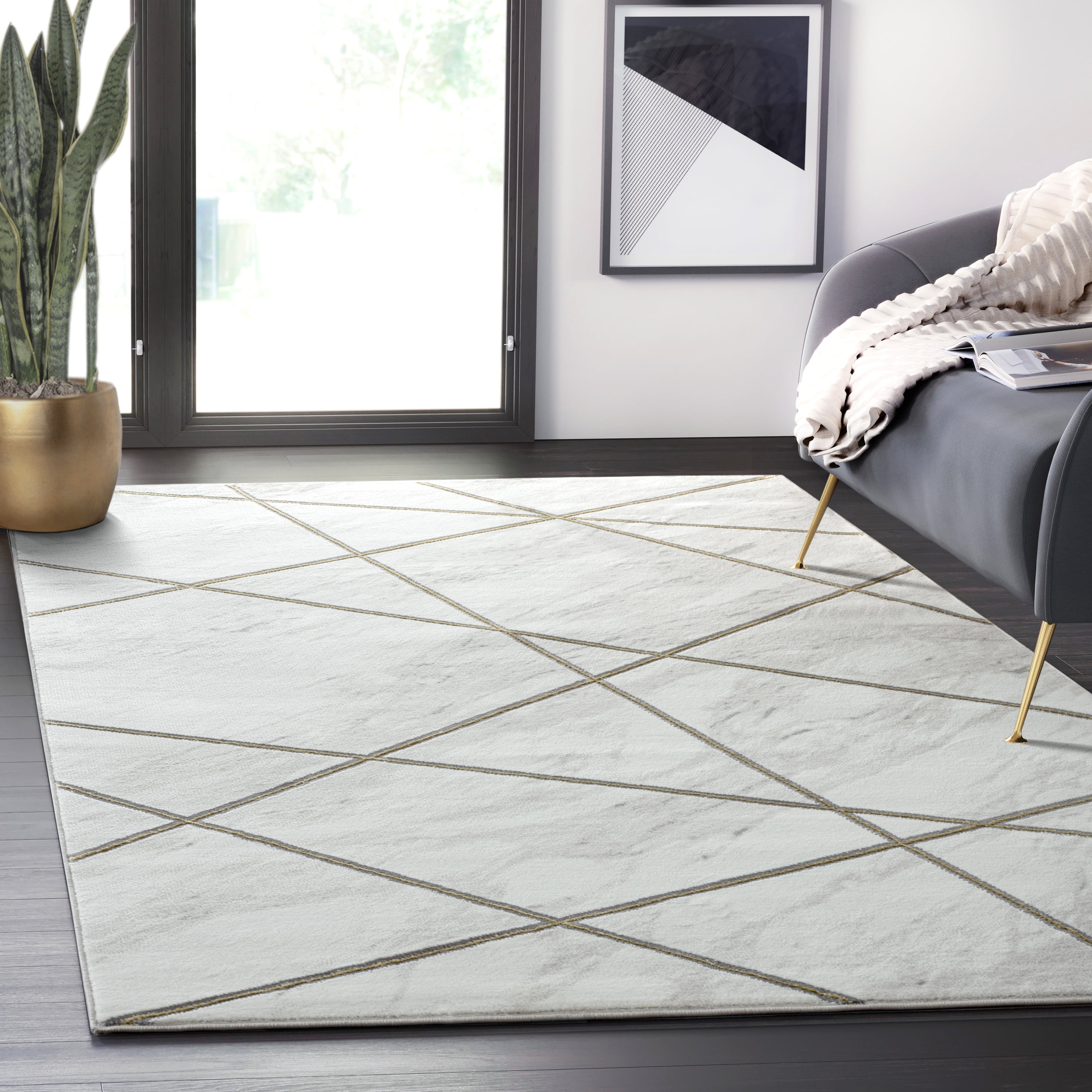 Luxurious Gray Marble Synthetic 6' x 9' Area Rug with Gold Accents