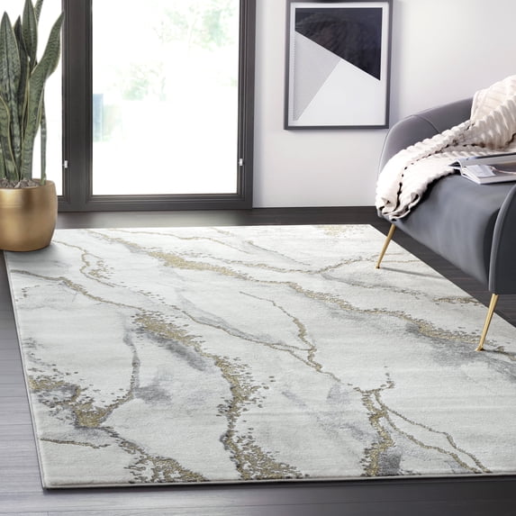 Abani Luna Collection Area Rug Mid Century Modern Bedroom Living Room Decor Floor Rug 7 x 7 Grey Gold
