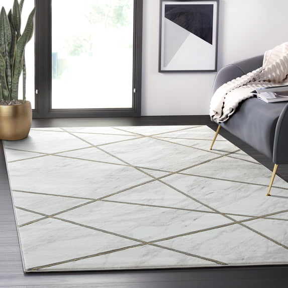 Abani Luna Collection Area Rug Mid Century Modern Bedroom Living Room Decor Floor Rug 8 x 10 White Gold