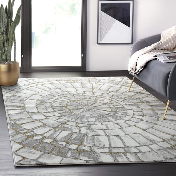Abani Luna Collection Grey Gold Spiral 4' x 6' Modern Luxury Area Rug