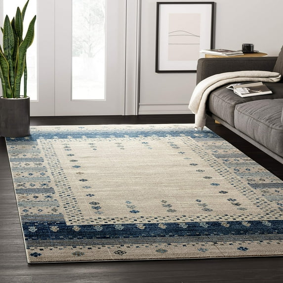 Abani Mesa Collection Cream Rug Border Blue Southwest 5' x 8' Area Rug