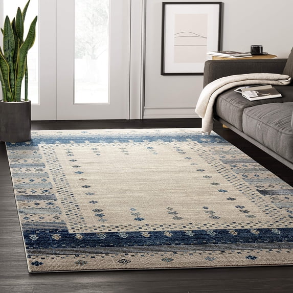 Abani Mesa Collection Cream Rug Border Blue Southwest 6' x 9' Area Rug