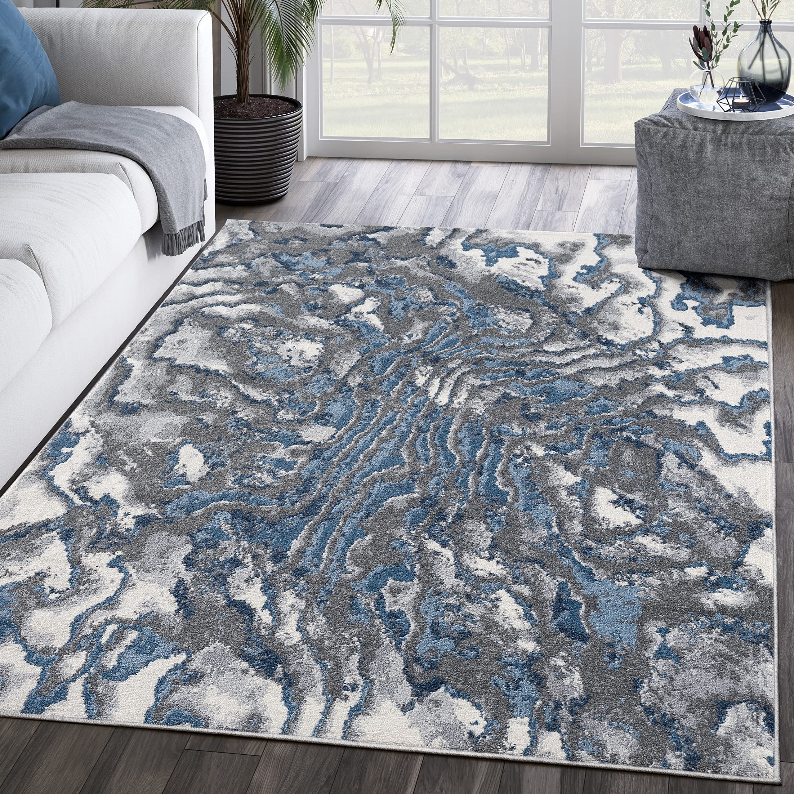 Abani Mist Collection Topographic Ripples 4' x 6' Blue Grey Modern Area