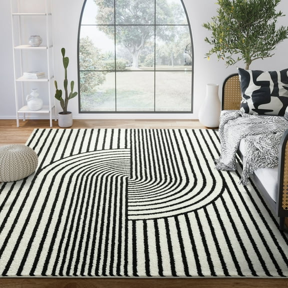 Abani Nuevo Collection Area Rug Mid Century Modern Bedroom Living Room Decor Floor Rug 8 x 10 Black Ivory