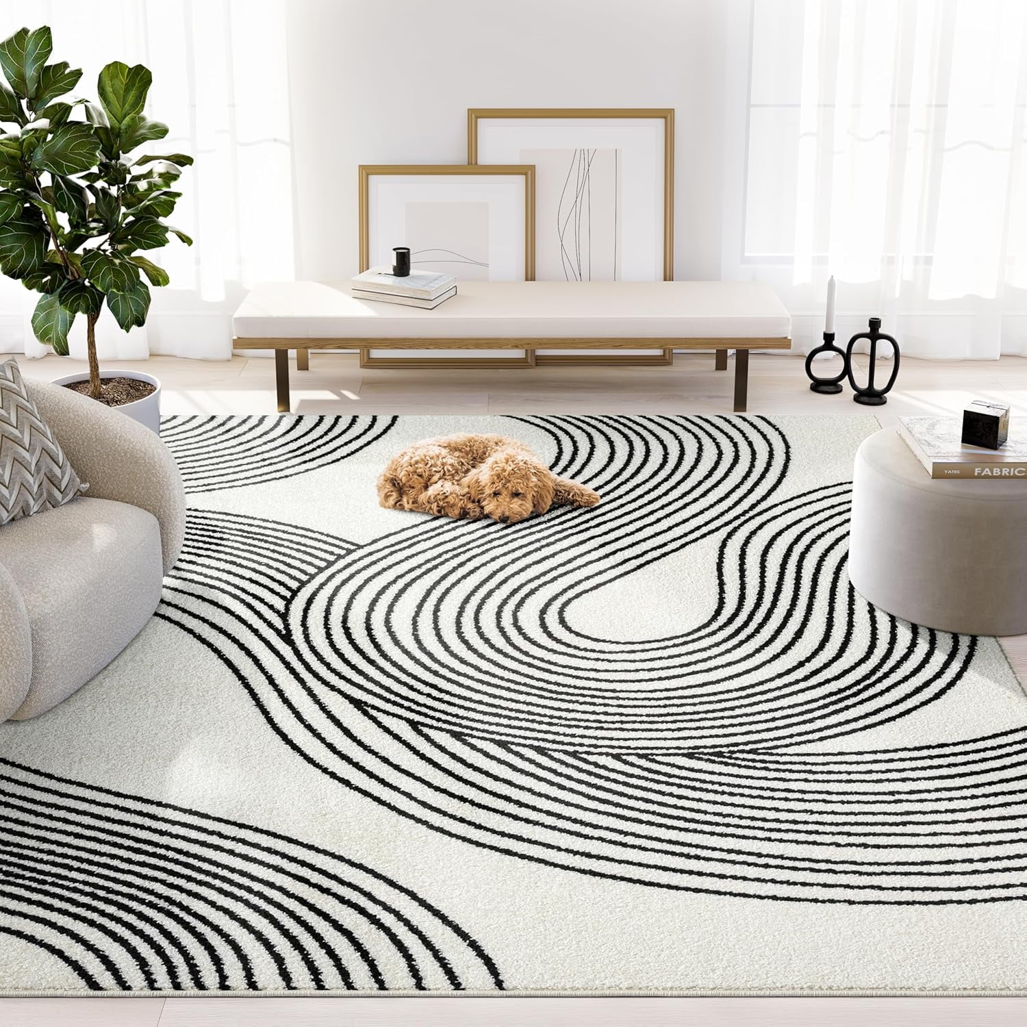 Abani Nuevo Beige Black Swirls Modern Area Rug 6' x 9' for Living Room