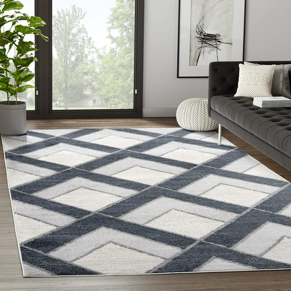 Abani Nuevo Collection Mid Century Modern Cream Charcoal Diamonds 7'9" x 10'2" Area Rug