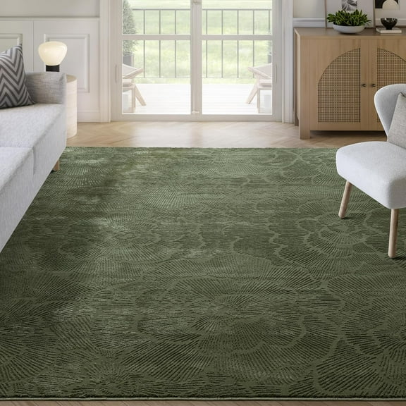 Abani Plush Machine Washable Area Rug - Green - 5' x 8' - Living Room & Bedroom - Soft Floral Design - Plush Deco Collection