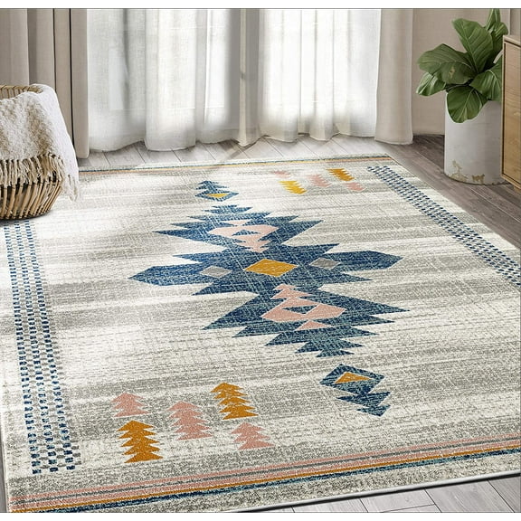 Abani Porto Collection 3' x 5' Southwestern Area Rug, Rectangular Turkish Beige & Blue Tribal Print Accent Rug Rugs