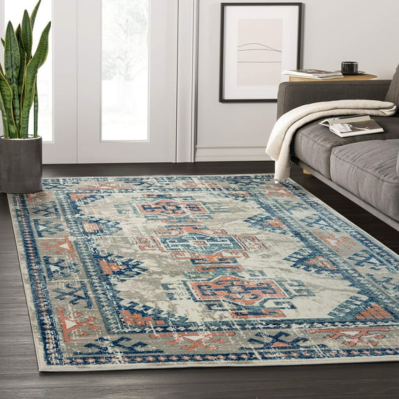 Abani Porto Collection 4' x 6' Blue Orange Tribal Turkish Medallion Area Rug