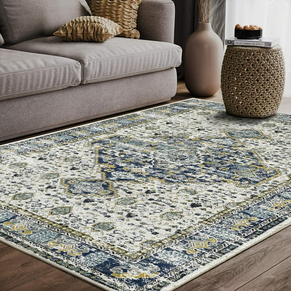 Abani Porto Collection 6' x 9' Blue Cream Traditional Medallion Area Rug