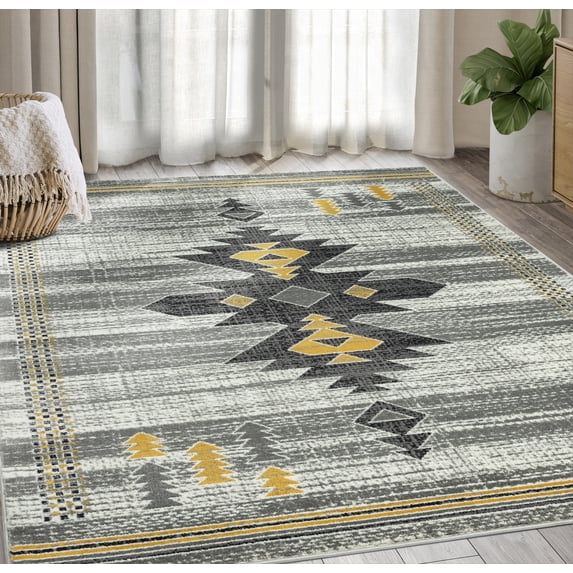 Abani Porto Collection Area Rug Mid Century Modern Bedroom Living Room Decor Floor Rug 5 x 8 Grey Yellow