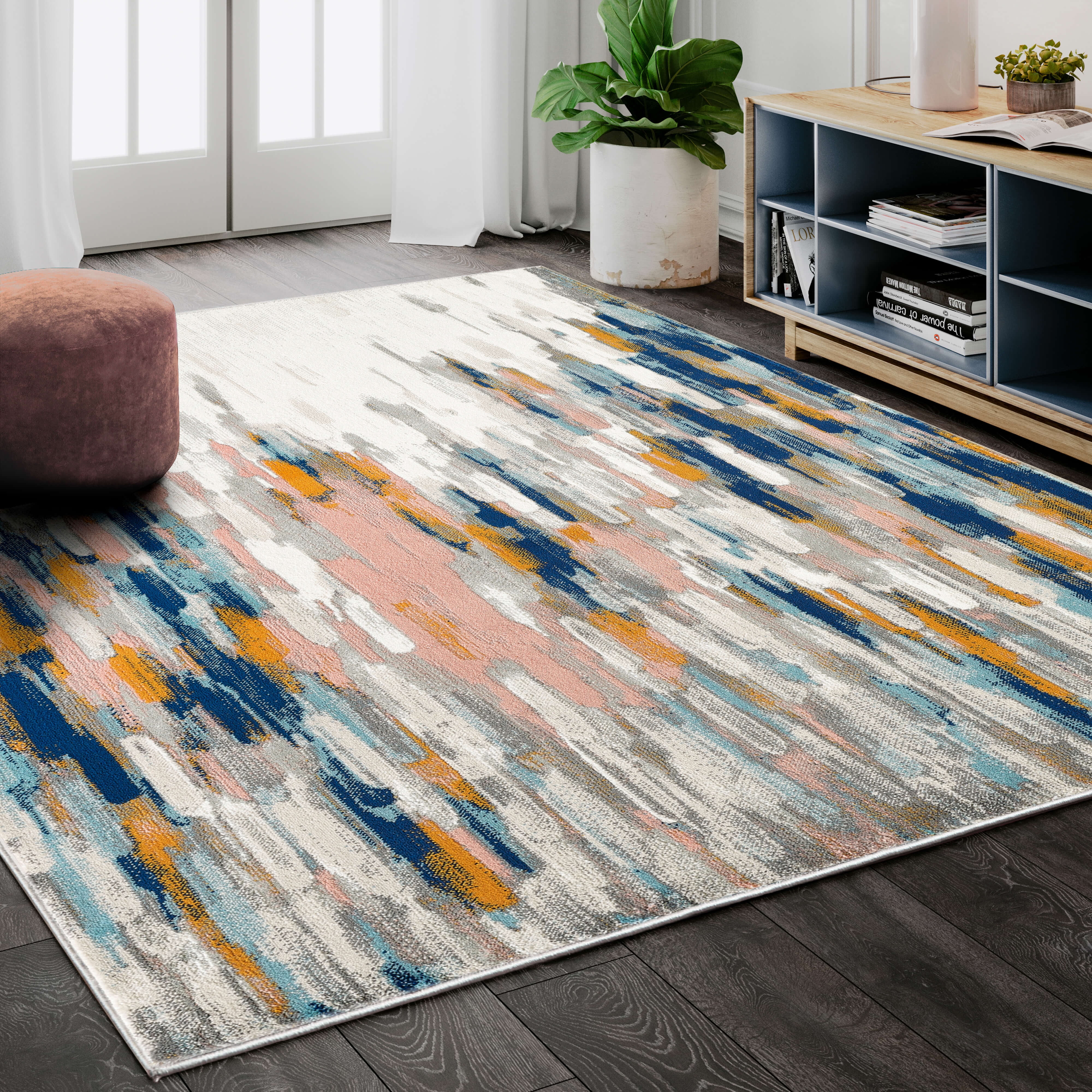 Mid-Century Modern Abstract Blue and Orange Synthetic Area Rug