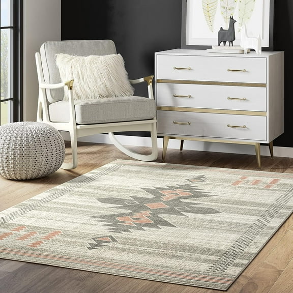 Abani Porto PRT110D Southwestern Tribal Print Cream and Pink Area Rug (5'3" x 7'6")