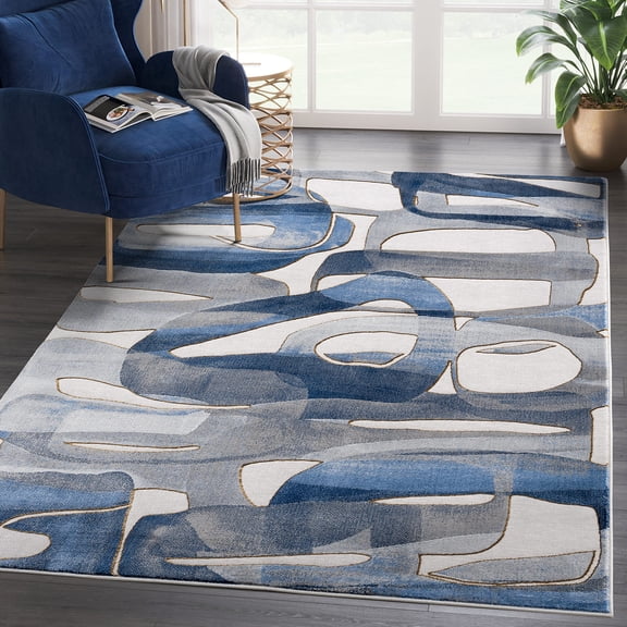 Abani Regal Collection Elegant Modern 6' x 9' Grey Blue Modern Asymmetric Circles Area Rug