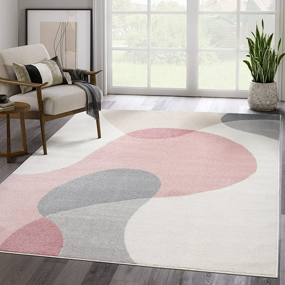 Abani Rugs Cream and Pink 4 ft. X 6 ft. Contemporary mid-Century Rug with Beige and Pink Geometric Circle. Minimalistic Design Rectangular Area Rug. Turkish Stain Resistant Area Rug.