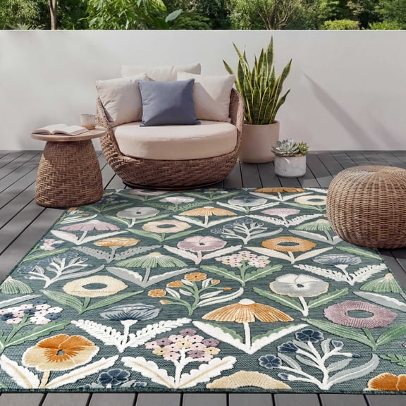 Abani Sakura Garden Floral Indoor/Outdoor Rug 8x10 Blue Teal