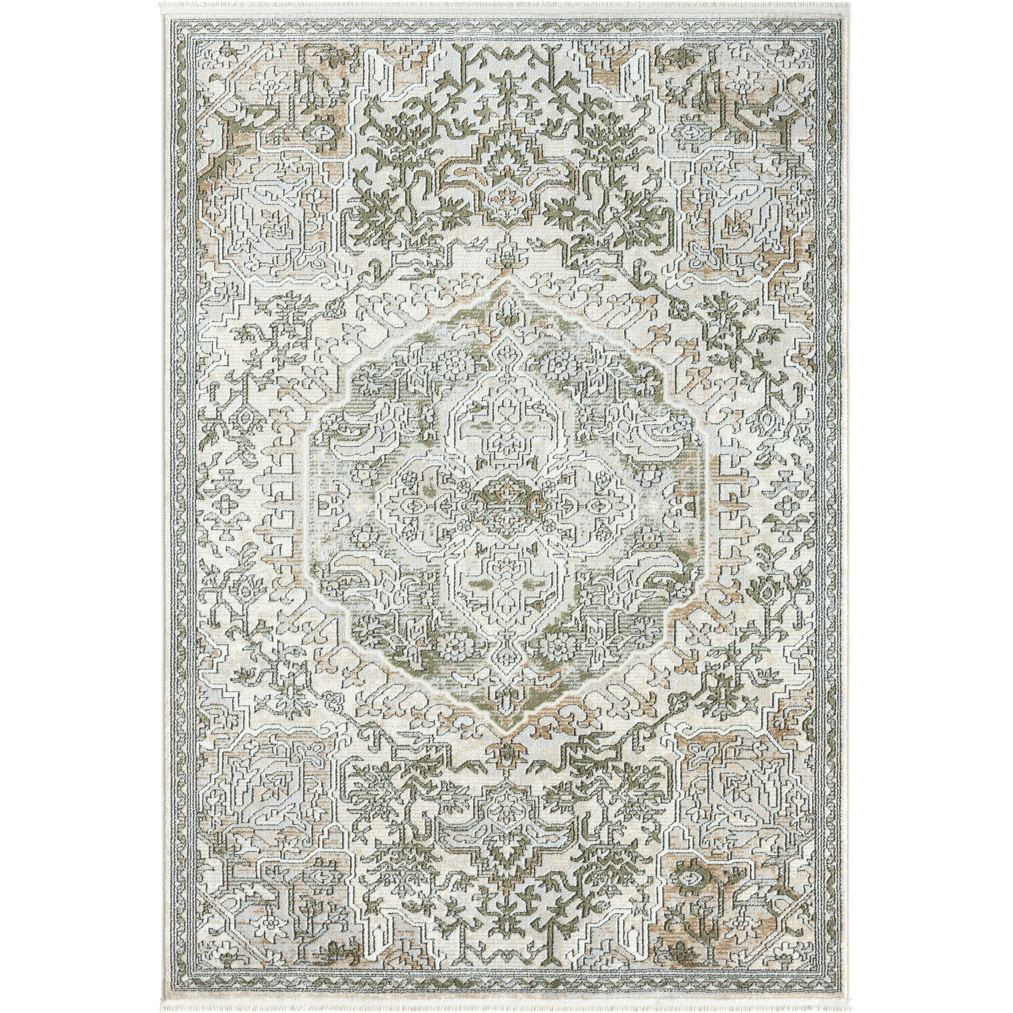 Green and Beige Medallion Synthetic Area Rug for Kids