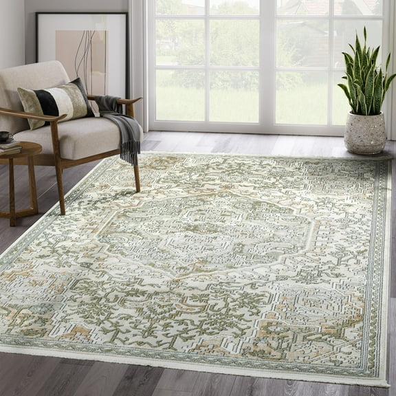 Abani Savoy Collection Area Rug Mid Century Modern Bedroom Living Room Decor Floor Rug 8 x 10 Beige Green