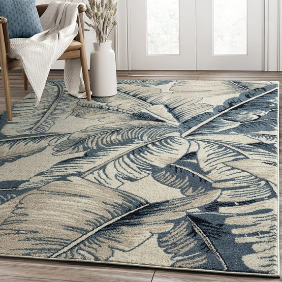 Abani Sedona Collection 7'9" x 10'2" Cream Blue Tropical Leaves Area Rug