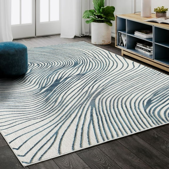 Abani Vista Collection Modern 6' x 9' Blue and White Modern Wave Area Rug